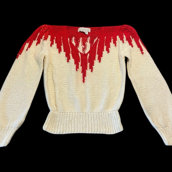 Nannell Sweaters - Women’s Cream Crewneck Sweater with Red Yoke Detail